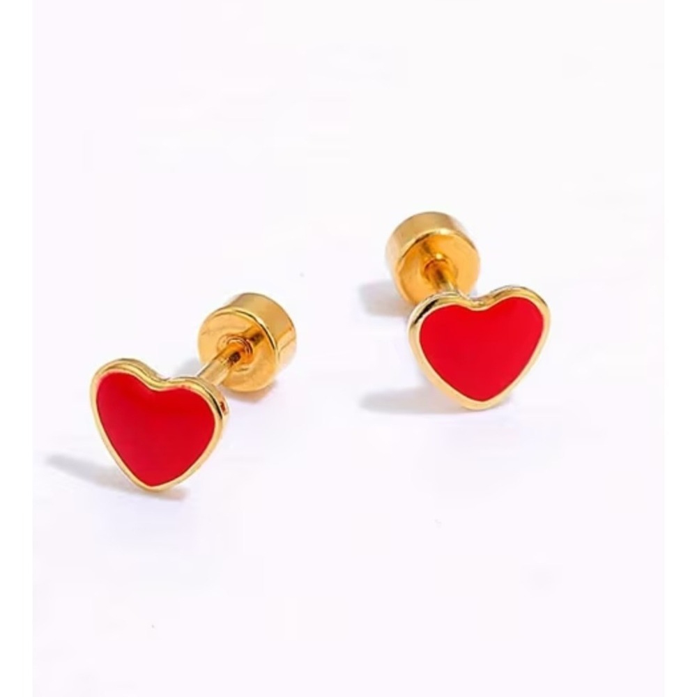 Red Enamel Heart Stud Earrings Gold Tone Screw Back Dainty Petite Jewelry